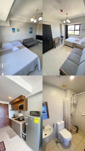three different views of a bedroom and a bathroom at Horizon 101 in Cebu City