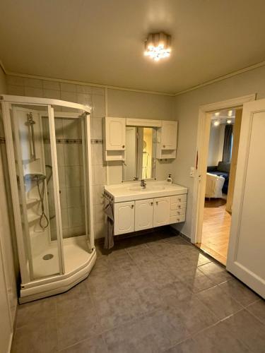 a bathroom with a shower and a sink at Charming sea view in Bergen