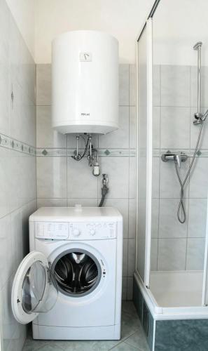 a white washing machine in a bathroom with a shower at Historic Flat & Private Courtyard in Bruck an der Leitha