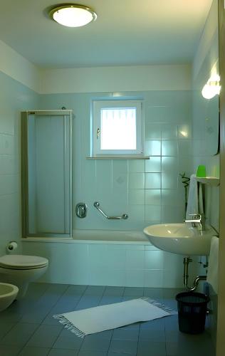a bathroom with a toilet and a sink and a shower at Renates Ferienwohnungen in Meltina