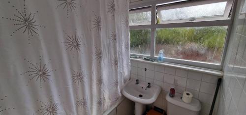 a bathroom with a sink and a shower curtain at Cozy Private Room Near Everything in Kent