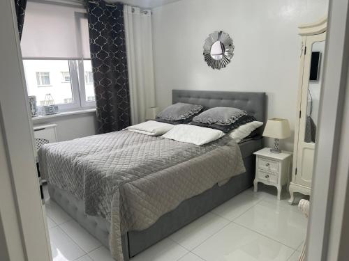 a bedroom with a bed with a mirror on the wall at Apartament Chanel Centrum in Malbork