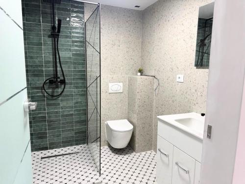a bathroom with a shower and a toilet and a sink at Păușa Residence in Păuşa