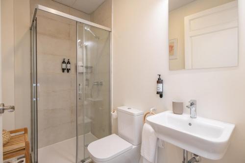 a bathroom with a shower and a toilet and a sink at Boutique Hotel Luna Granada Centro in Granada