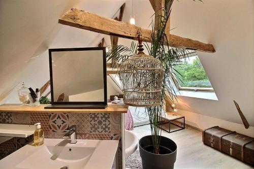 a bathroom with a sink and a mirror at Au charme de la forêt in Belle-Isle-en-Terre