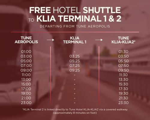 a poster for a hotel shuttle to klia terminal at Tune Hotel KLIA Aeropolis (Airport Hotel) in Sepang