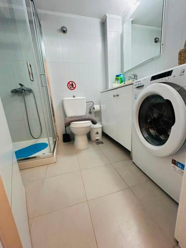 a bathroom with a washing machine and a toilet at IRIS Apartment in Loutraki