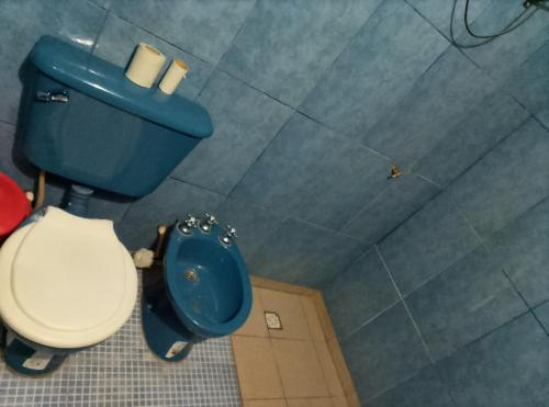 an overhead view of a bathroom with a blue toilet at Alojamiento Lidia in Iruya