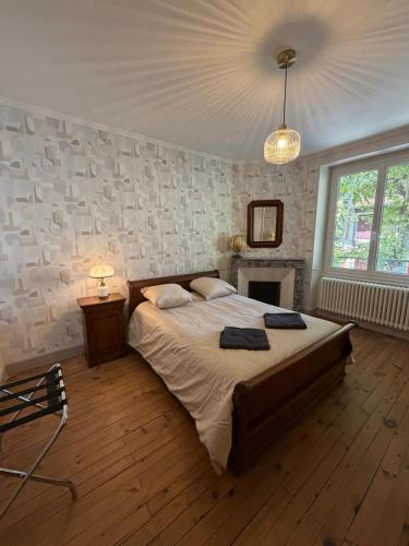 a bedroom with a large bed and a fireplace at L'Ostal De Papi in Saint-Affrique