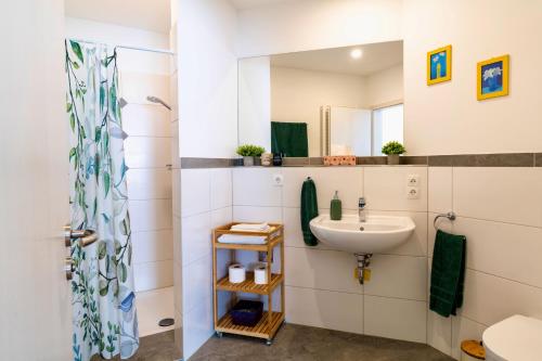 a bathroom with a sink and a mirror at Huberhof Meisham in Eggstätt