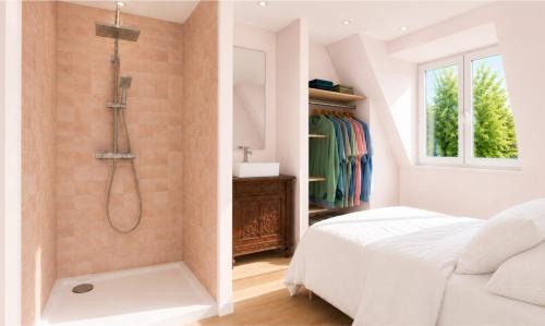 a white bedroom with a shower and a bed at Appartements de Louise in Lille