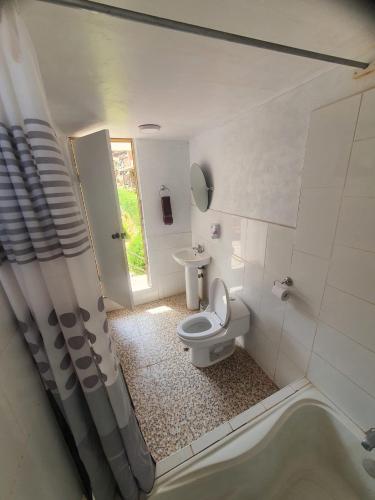 a bathroom with a toilet and a shower and a sink at Kusk'a Lodge in Puno