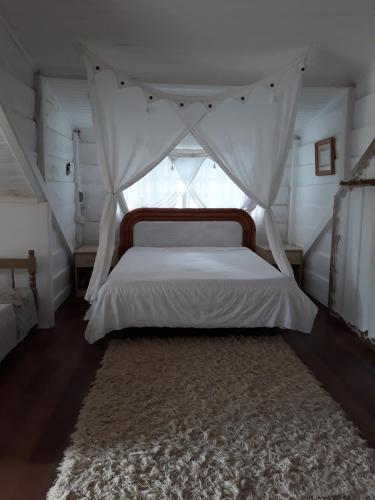 a bedroom with a canopy bed with a rug and a window at Chacara Recanto Vale do Luar in Piraquara
