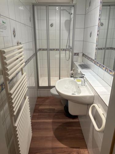 a bathroom with a sink and a toilet at Hotel Restaurant Warndtperle in Völklingen