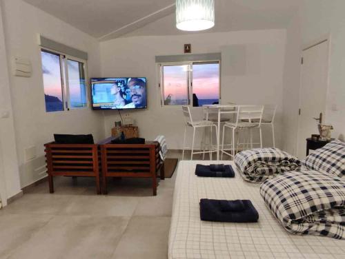 a living room with a couch and a tv at Ocean front La Maresia Holiday 2 Apartments in Taganana