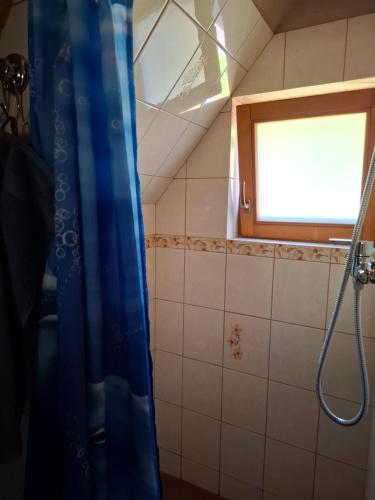 a bathroom with a shower with a blue shower curtain at Chatka pod jaskyňou in Malužiná