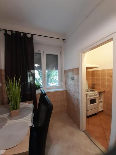 a kitchen with a table and a stove in a room at Zöld Sziget Apartmanlakás in Eger