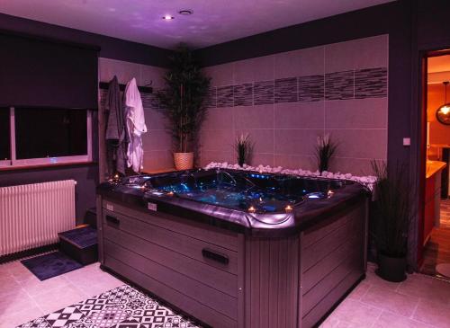 a jacuzzi tub in a bathroom with purple walls at La Suite Privée - Maison Privative Spa & Sauna in Évreux