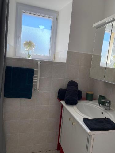 a white bathroom with a sink and a window at Gîte du Trefoux logement Le Perche in Villaines-la-Gonais