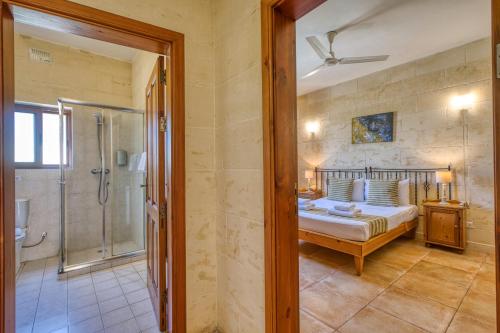 a bedroom with a king sized bed and a shower at Ta' Gianni in Xewkija