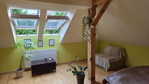 a living room with green walls and two windows at sPokój na Marsa in Straszyn