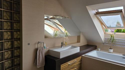 a bathroom with a sink and a mirror at sPokój na Marsa in Straszyn