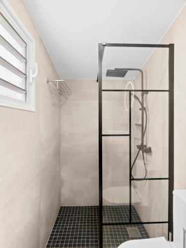 a shower with a glass door in a bathroom at Shell Beach Splendide 2 chambres sur la plage in Baie Nettle
