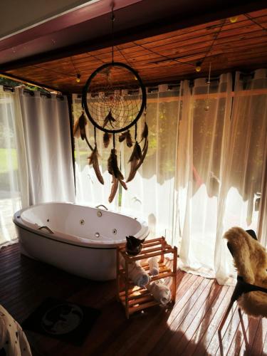 a bathroom with a bath tub and a cat sitting next to a window at Chalés Recanto dos Sonhos in Camanducaia