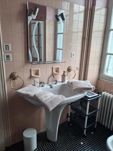 a bathroom with a sink and a mirror at Le Picasso in La Chaise-Dieu