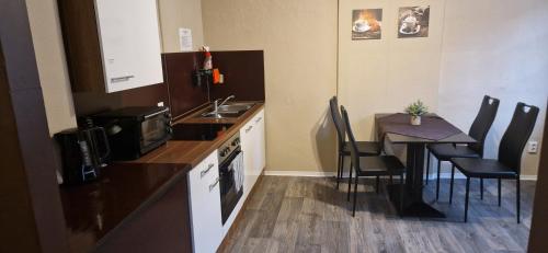 a kitchen with a sink and a table with chairs at Pension Torgau in Torgau