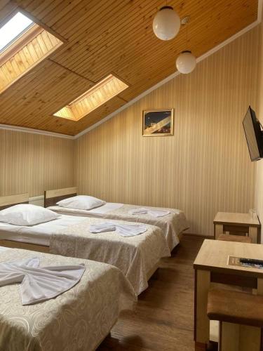 a bedroom with two beds and a television and a skylight at versal in Ternopil
