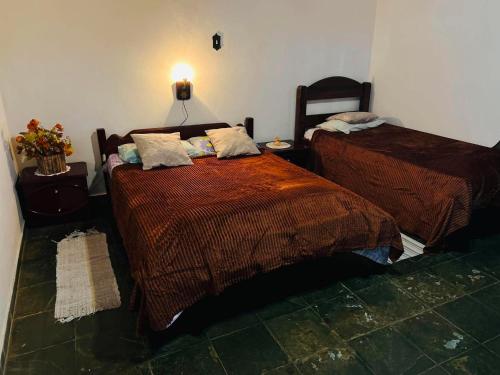 a bedroom with two beds and a lamp at Chale da Pousada Curió in Ibiúna