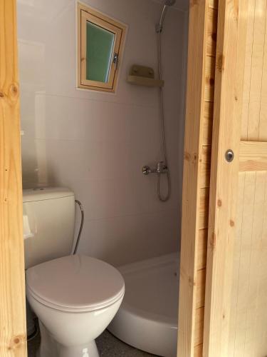 a bathroom with a white toilet and a bath tub at Cabane Forest in Villaines-la-Gonais