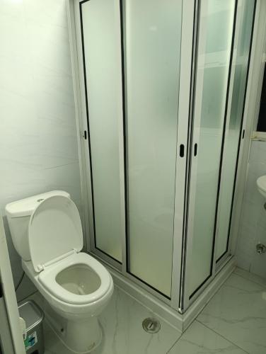a bathroom with a toilet and a shower at Apartamento Cidadela in Praia