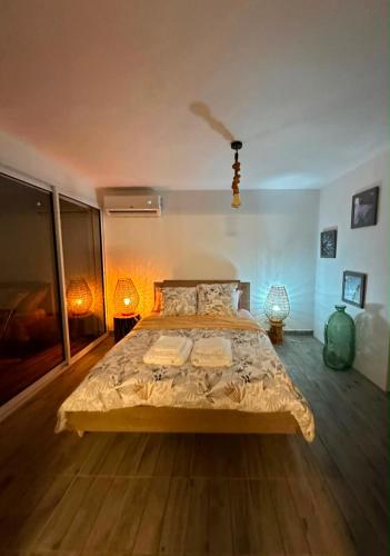 a bedroom with a large bed and two lamps at Le Clos de Bourgueil in Sainte-Anne