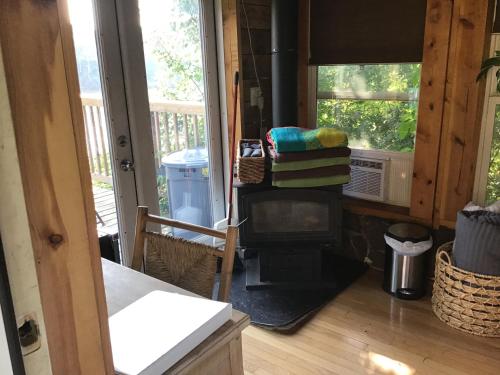 a living room with a stove and a window at The Brower House on The Mississippi River in Saint Cloud