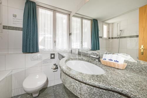 a bathroom with a sink and a toilet at Hotel Alpina in Zermatt