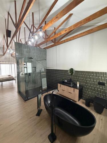 a bathroom with a black tub and a glass shower at Golden Treasure - OFF GRID in eMalahleni