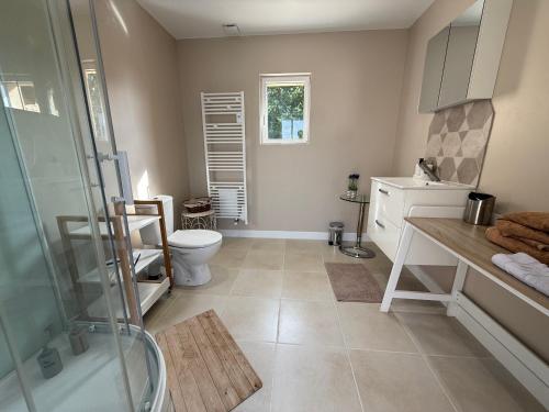 a bathroom with a toilet and a glass shower at Le Refuge du Saule in Saint-Aubin-de-Locquenay