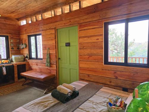 a room with a green door in a wooden cabin at Altos del Dragón in Valle de Anton