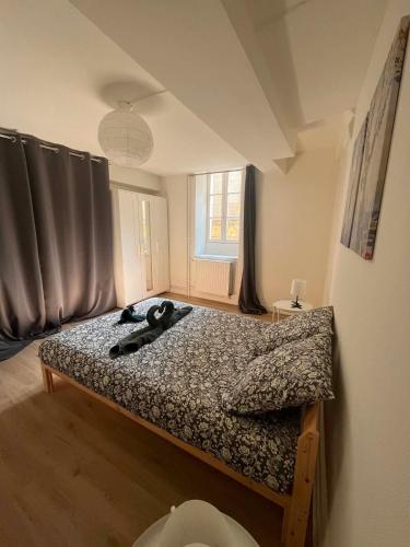 a bedroom with a dog laying on a bed at L'écrin pure in Falaise