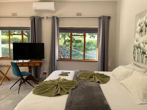 a bedroom with a bed with a television and a desk at Merwenstein - Farm House, Cottages, Studio-Units in Bonnievale