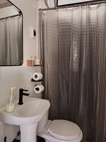 a bathroom with a shower curtain and a sink at KANTIQ House in Cusco
