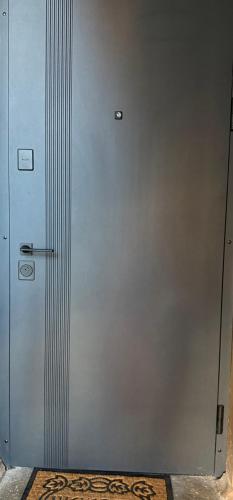 a metal door with a rug in front of it at White Sun Apartment in Aizkraukle