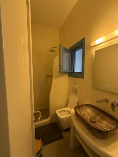 a bathroom with a wooden sink and a toilet at Apollonia Studios in Katapola