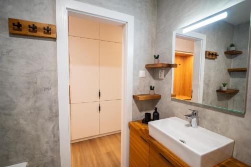 a bathroom with a sink and a mirror at JM Apartment in Poprad