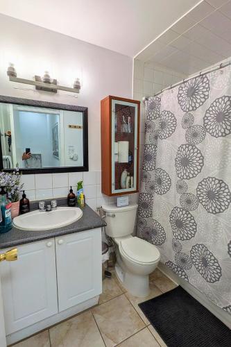 a bathroom with a toilet and a sink and a mirror at North York Quiet Room#2 in Toronto