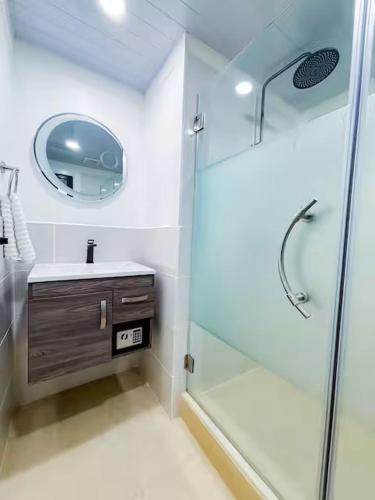 a bathroom with a shower and a sink and a mirror at Central Luxury Apartments in Georgetown