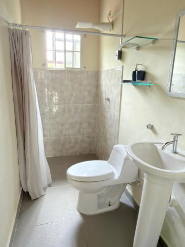 a white bathroom with a toilet and a sink at Rustic House in Cerro azul in Cerro Azul