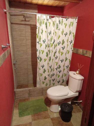 a bathroom with a toilet and a shower curtain at Complejo Medanales del Sur in Balneario Reta